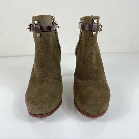 Tory Burch Patricia Mid Heel Suede Zip Up Almond Toe Bootie Ankle Boots Size 6 - Picture 9 of 16